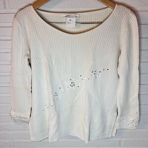 Escada Off White Vintage Wool Blend Floral Cut out Sweater, Women’s Size Medium